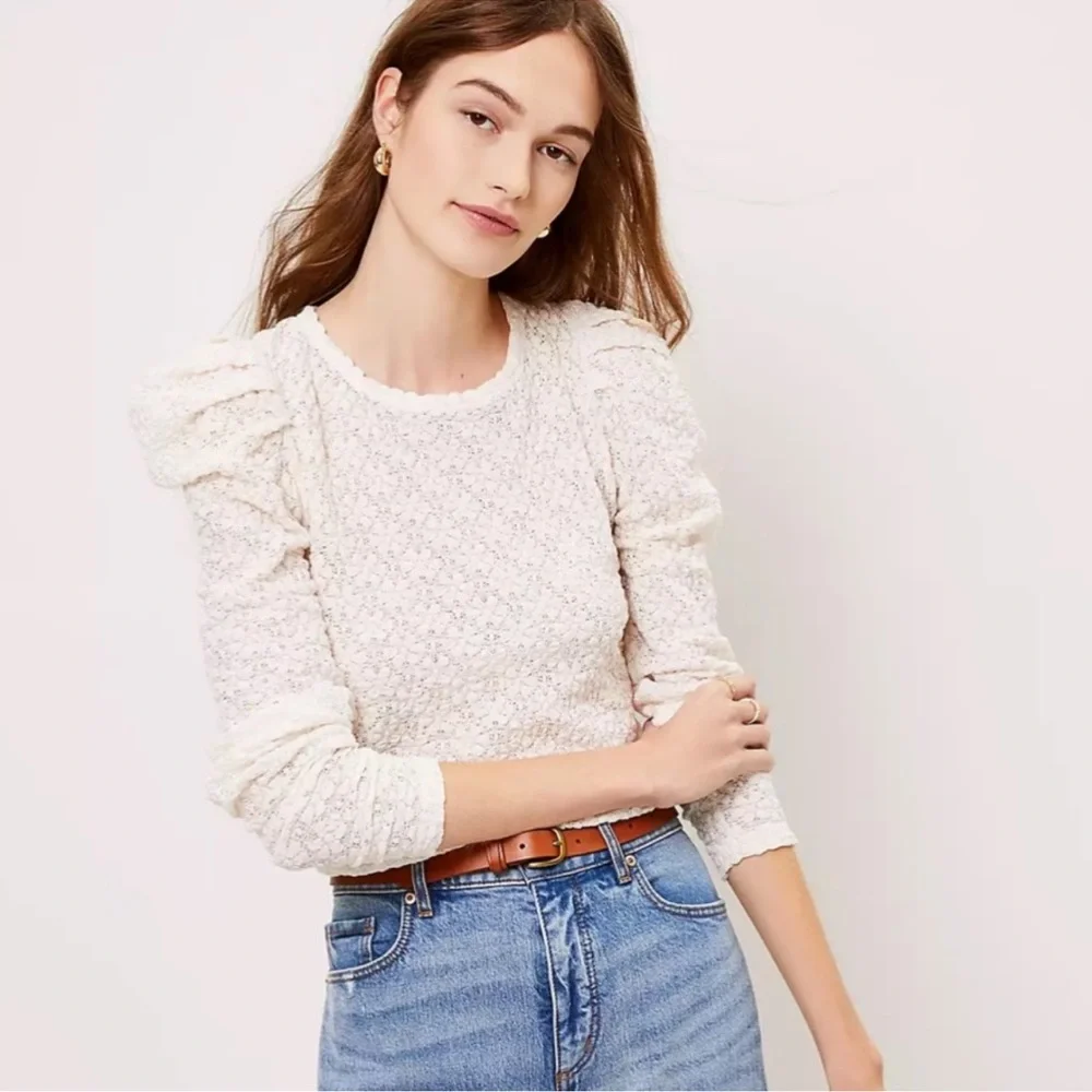 💐   LOFT FLORAL LACE PLEATED PUFF LONG SLEEVE TOP